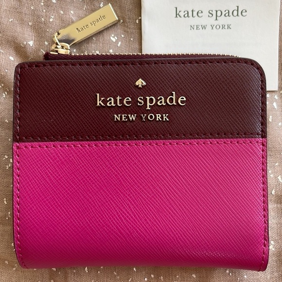 Brand New Kate Spade Genuine Leather Pink & Burgundy Zippered Wallet Colorblock - Picture 2 of 15